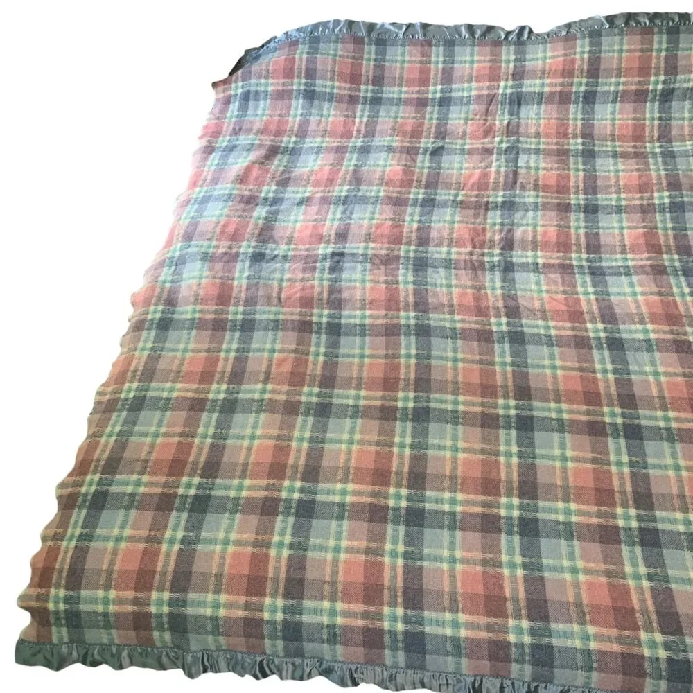 Vintage Faribo Plaid Blue Pink Pastel Wool Blend Blanket USA Satin Edge 80x74.5